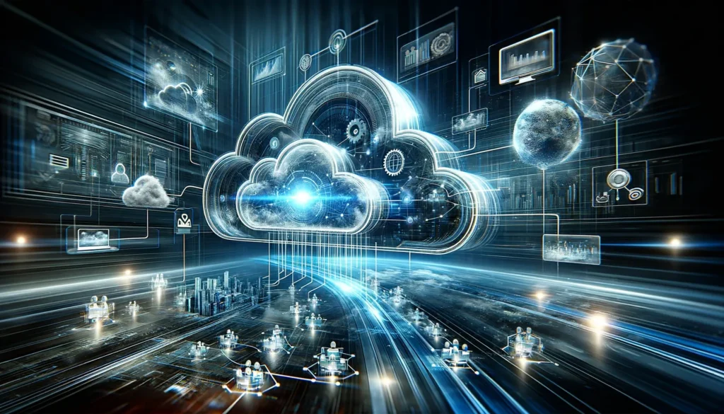 Arte digital que ilustra la eficiencia y escalabilidad en la computación en la nube, mostrando una red nube dinámica e interconectada con sistemas de almacenamiento de datos y conferencias remotas