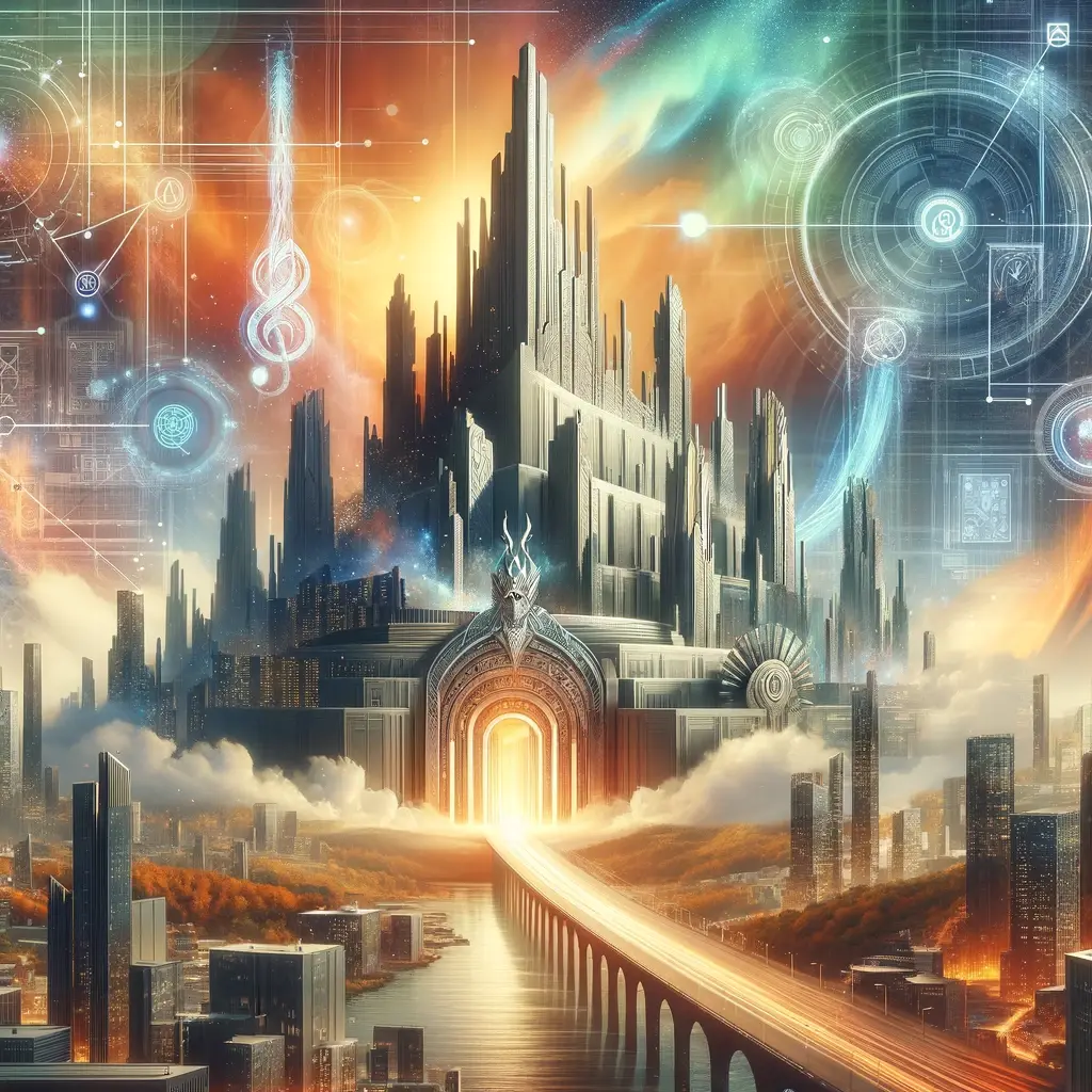 Arte digital de Asgard como una ciudad futurista, integrando tecnología avanzada y elementos corporativos, ideal para la página de contacto empresarial.