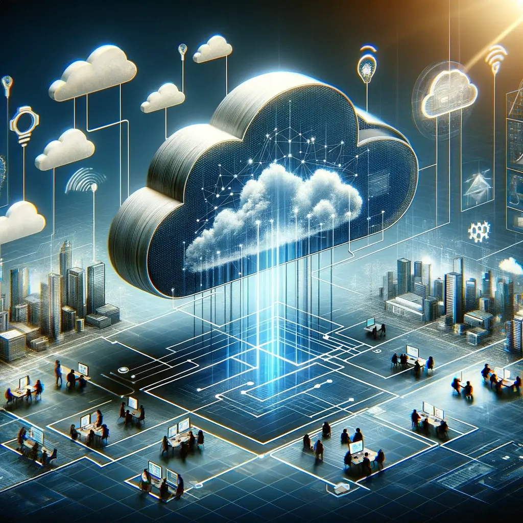 Arte digital que representa la eficiencia y escalabilidad en la nube, destacando la tecnología de computación en nube con elementos de accesibilidad mejorada, colaboración y almacenamiento seguro de datos