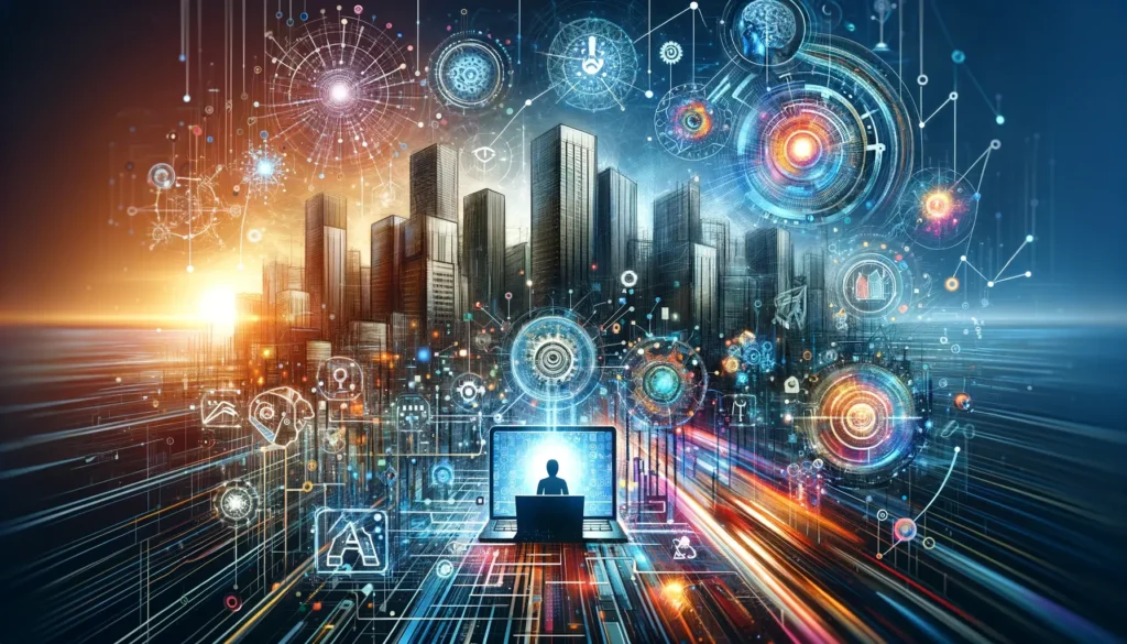 Imagen panorámica representando la transformación digital y el empoderamiento empresarial a través de la tecnología avanzada, con paisajes de ciudades de alta tecnología y redes digitales interconectadas