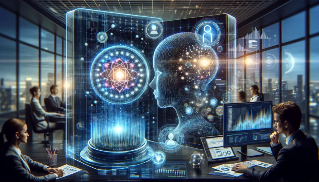 Imagen conceptual que fusiona computación cuántica, inteligencia artificial, transformación digital y consultoría de negocios en un entorno de oficina moderno