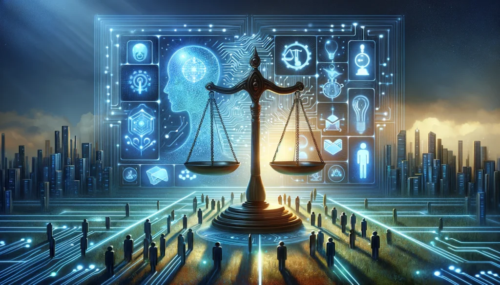 Paisaje digital futurista simbolizando la justicia, la innovación y los derechos humanos en el marco de la legislación de IA