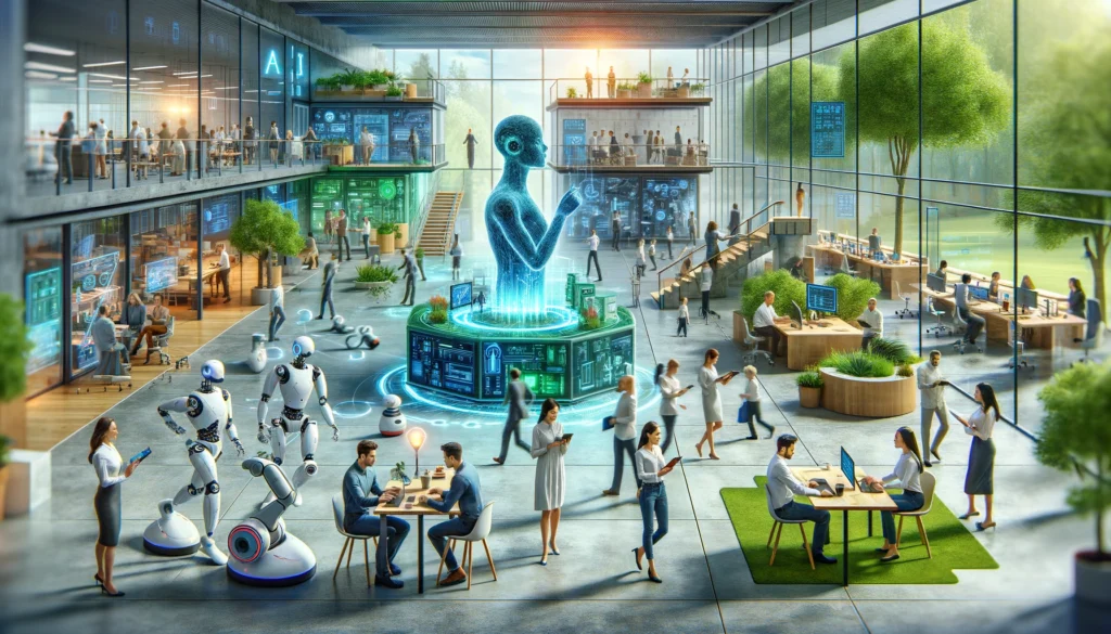Lugar de trabajo futurista con humanos y robots colaborando, rodeados de tecnología avanzada y espacios verdes, simbolizando la productividad y satisfacción laboral mejoradas por la IA