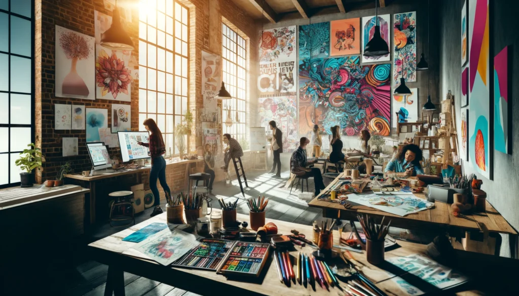 AI para reducir la rotación Artistas y diseñadores colaborando en un taller creativo lleno de suministros de arte coloridos.