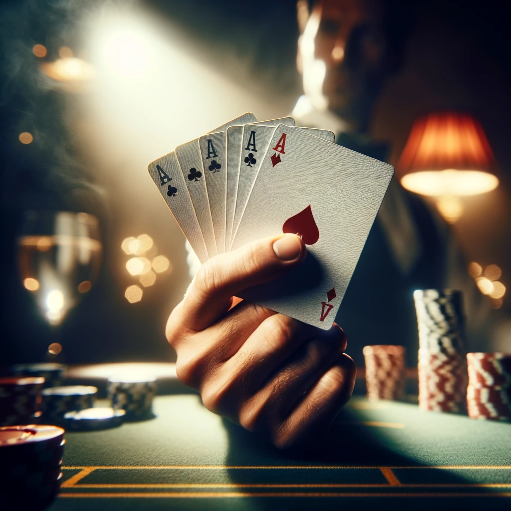 Mano de poker con un As destacado sobre una mesa de juego iluminada sutilmente