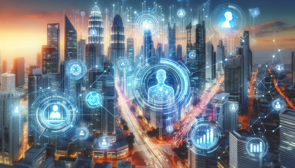 Ciudad futurista con rascacielos avanzados y redes de datos visibles, simbolizando la integración de la IA en los negocios.