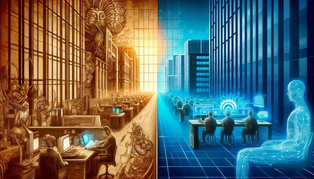 Escena dividida mostrando una empresa tradicional en tonos sepias versus una moderna en tonos azules, simbolizando la transición hacia la inteligencia artificial.