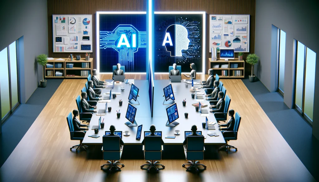 Sala de reuniones dividida mostrando un debate sobre la adopción de IA, con un lado tecnológico y otro tradicional.