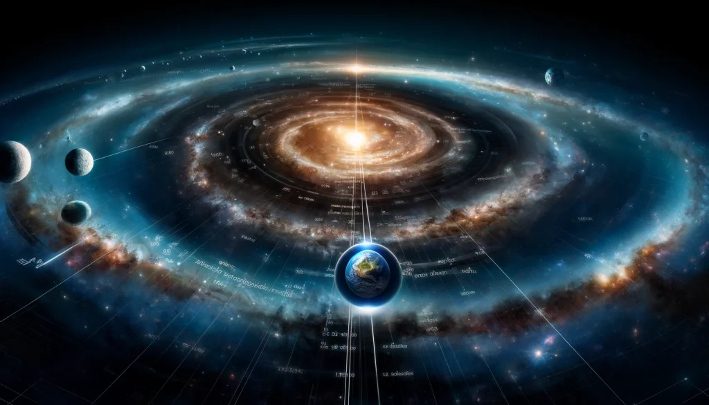 Vista panorámica del cosmos con un timeline de eventos astronómicos y la Tierra brillando, simbolizando la presencia humana