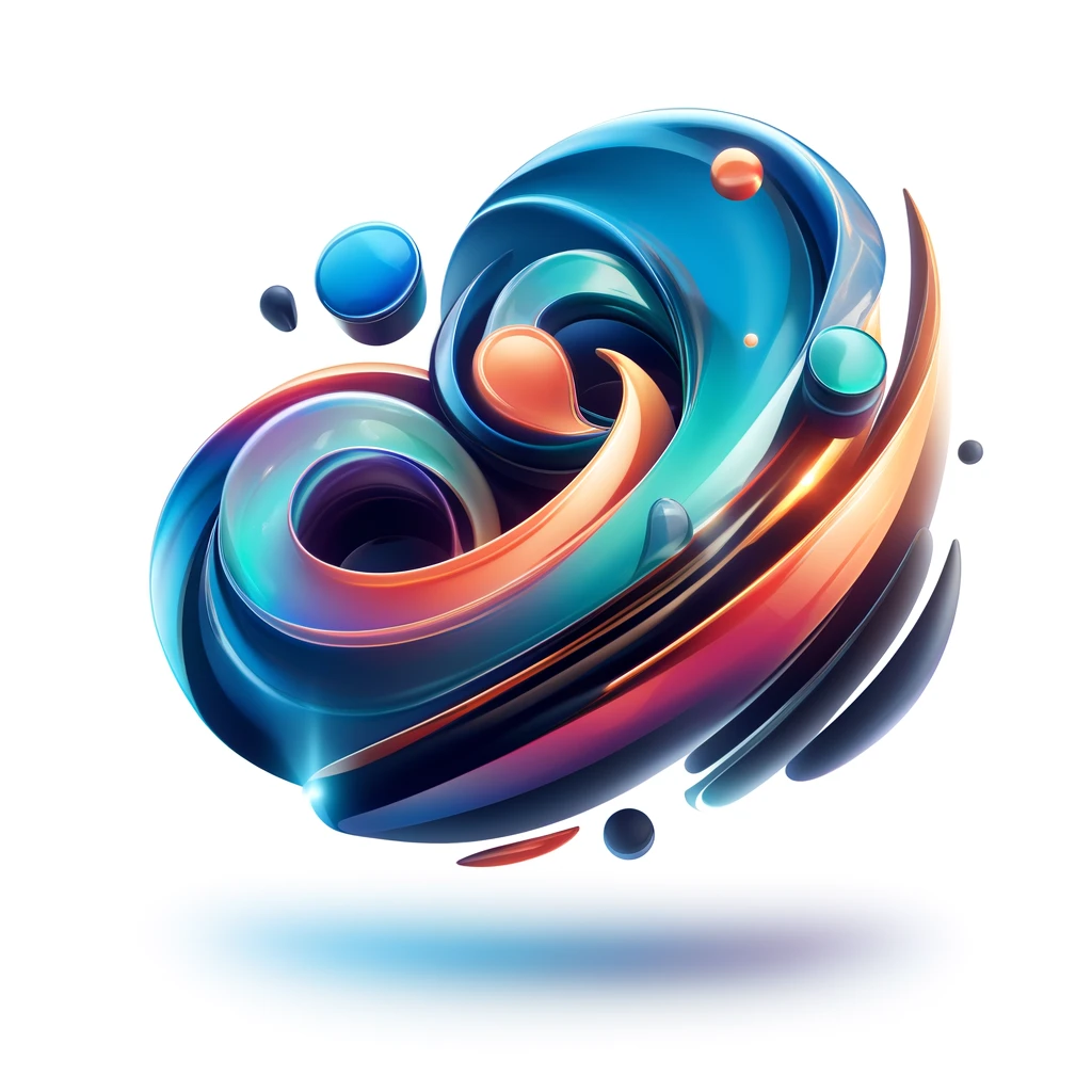 Imagen abstracta y colorida que representa un remolino dinámico de formas fluidas en tonos de azul, naranja y púrpura, evocando innovación y creatividad