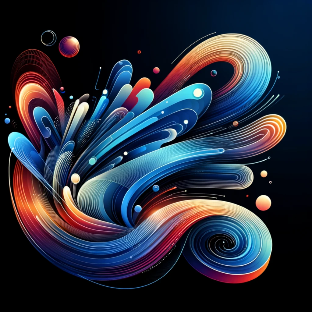 Arte abstracto tecnológico con formas fluidas y dinámicas en colores vibrantes, representando modernidad y movimiento