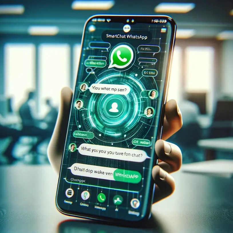 Un smartphone mostrando una conversación de chat entre un cliente y un servicio asistido por ChatGPT en la aplicación WhatsApp, sobre un fondo de oficina desenfocado