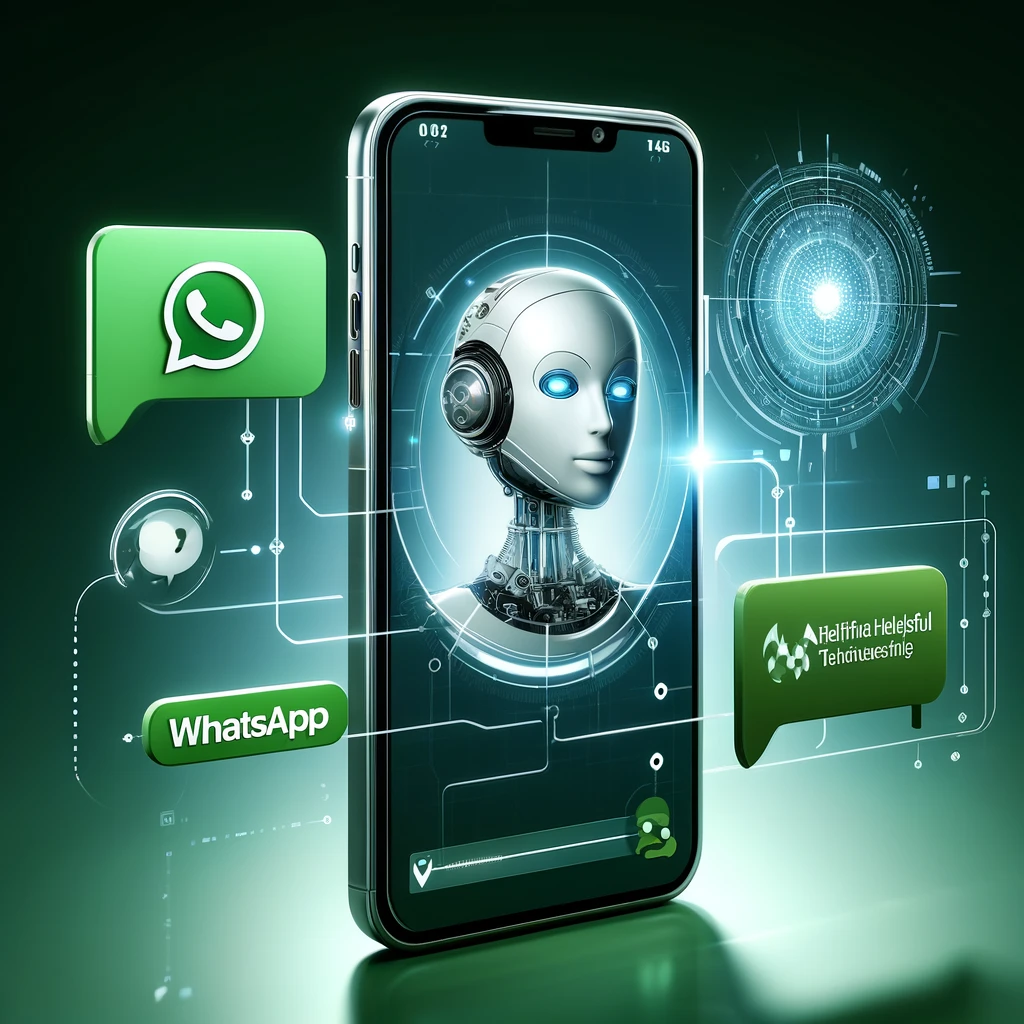 Un smartphone moderno mostrando una representación digital de un asistente conversacional integrado con WhatsApp, destacando la tecnología avanzada de SmartChat