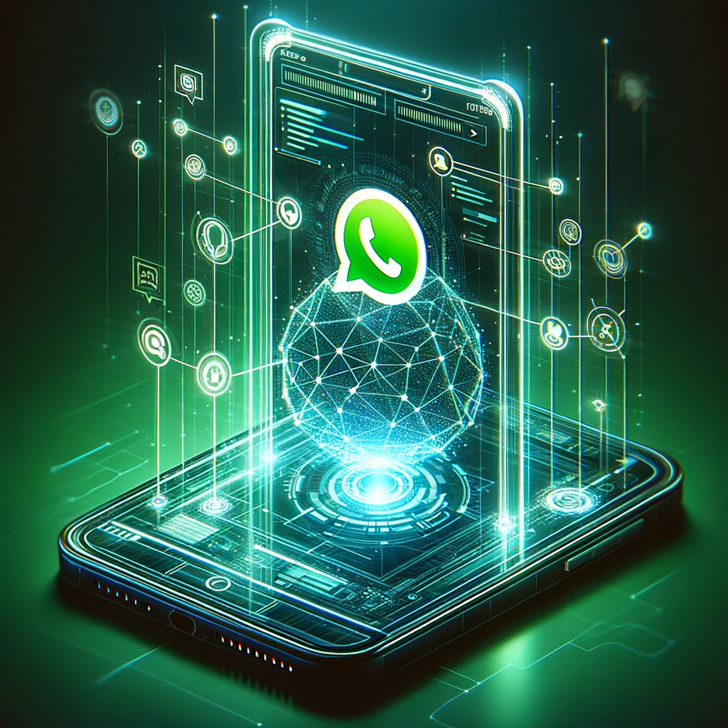Una visualización futurista de un smartphone mostrando una interfaz avanzada con el logo de WhatsApp, ilustrando la integración de alta tecnología de SmartChat.