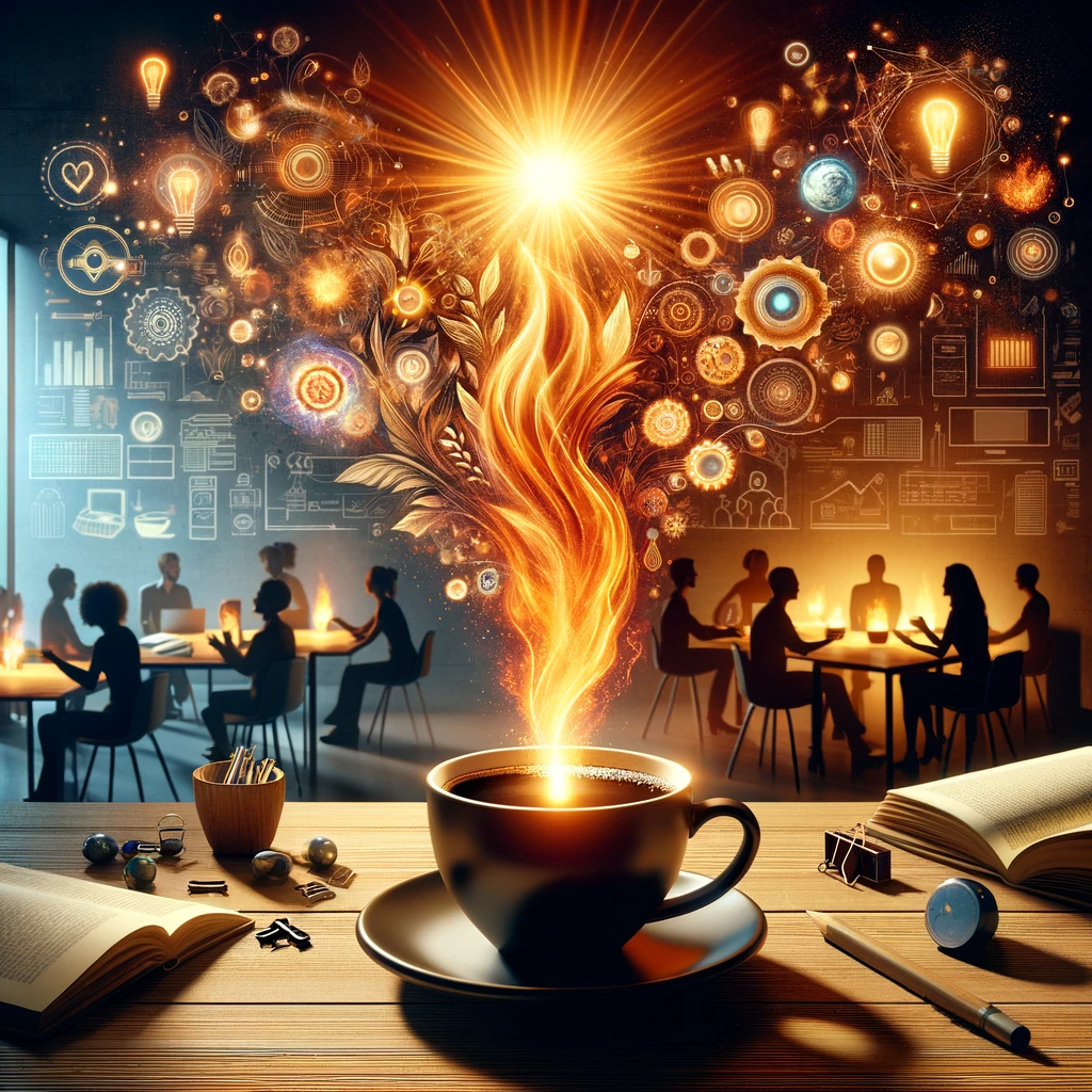 Taza de café sobre un escritorio, con vapor transformándose en una llama y personas colaborando en el fondo