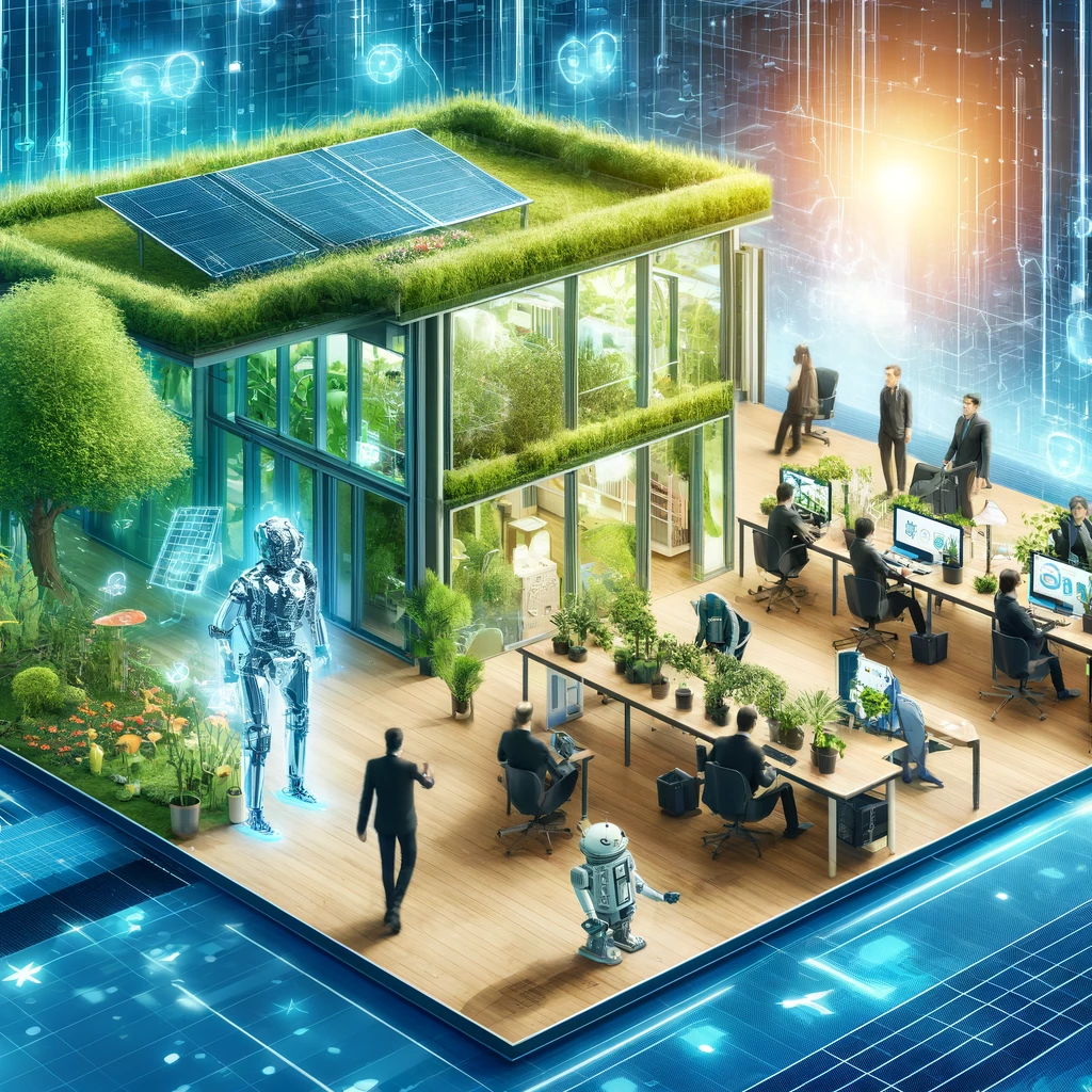 Oficina futurista integrando tecnología y naturaleza con pared verde, paneles solares y robots trabajando junto a humanos"