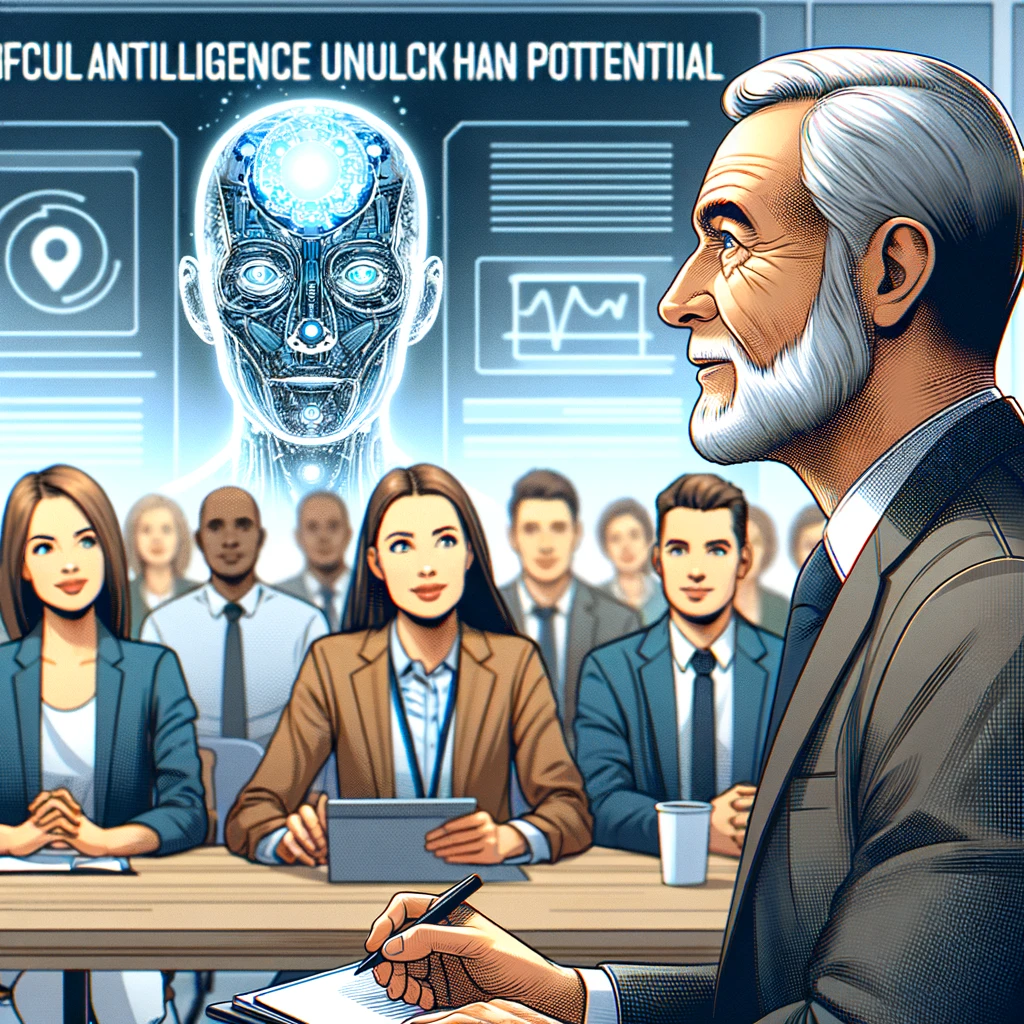 Consultor experimentado enseñando a una audiencia sobre el potencial humano liberado por la inteligencia artificial en un salón de conferencias moderno