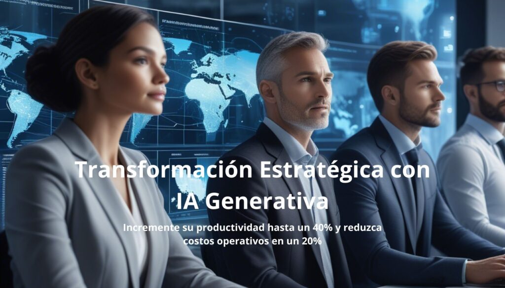 Equipo ejecutivo analizando transformación digital con IA Generativa frente a mapa mundial interactivo