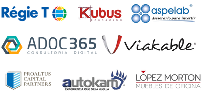 Logos de clientes que han optimizado sus CRMs con Odin Consultores - Régie T, Kubus, Aspelab, ADOC365, Viakable, Proaltus Capital, Autokam, López Morton