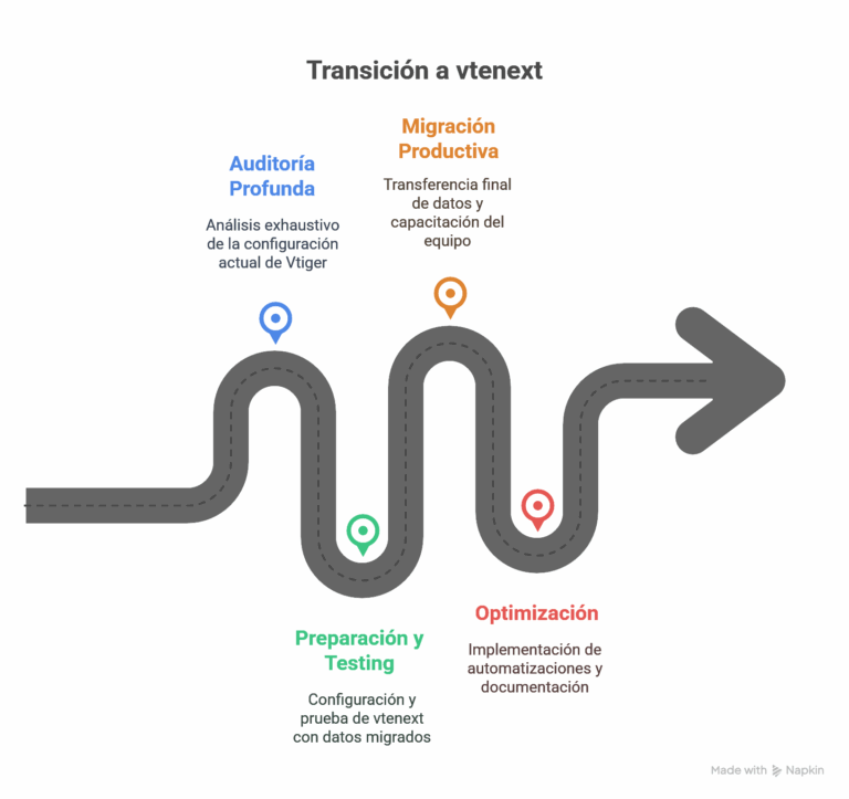 Proceso de migración Vtiger a vtenext en 4 fases - Auditoría, Preparación, Migración Productiva y Optimización